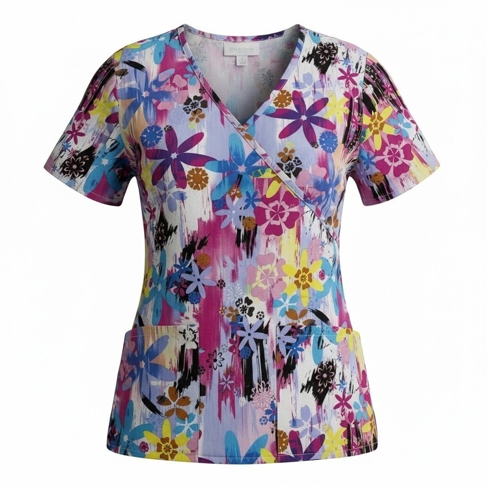 FLEX Women's Floral Print V Neck Scrub Top Short Sleeve Workwear Size SM